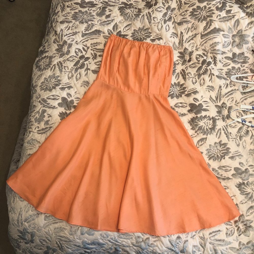 VTG SHAREEN AGAIN Reworked Vintage Silk Fabric Peach Strapless Tube Midi Dress - Picture 12 of 16